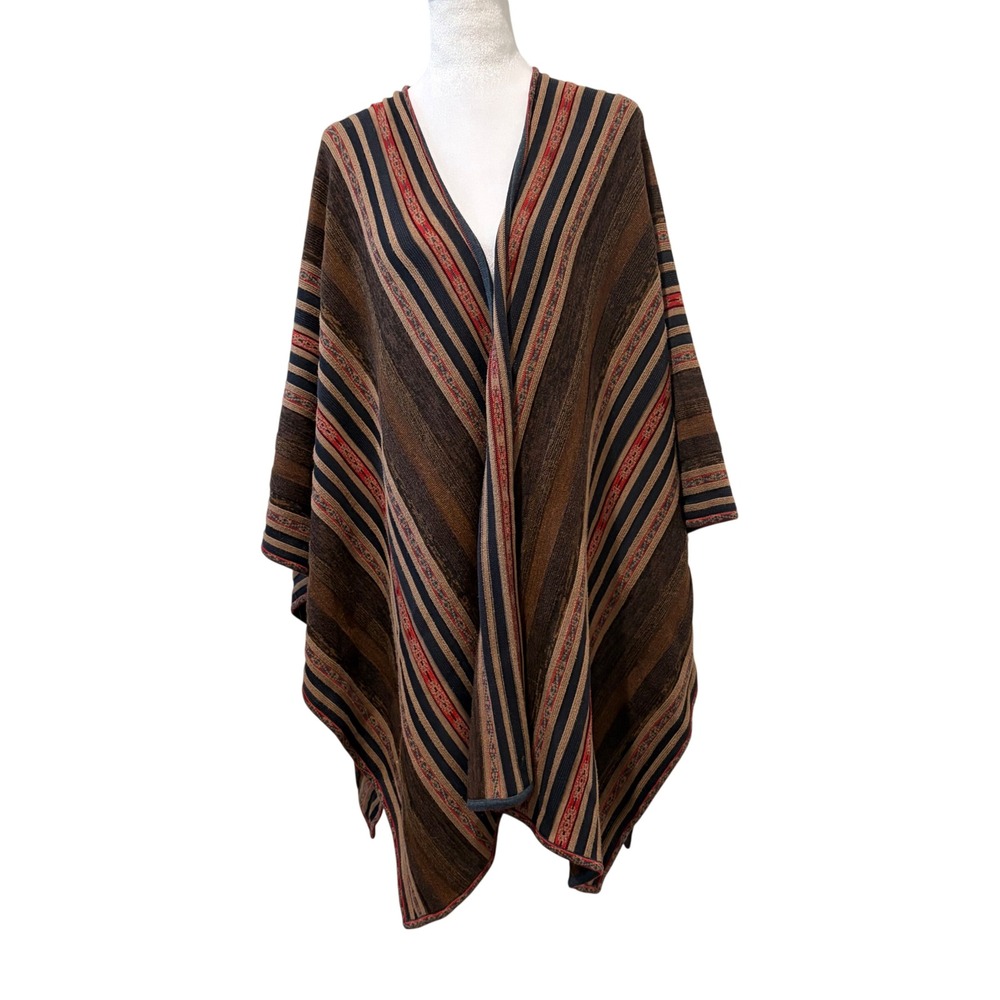 Peruvian Connection Poncho Wrap Women One Size Brown Striped Alpaca Pima Cotton